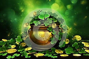 St Patrick's day illustration, clover leafs rotating on the green background. Gold and 4 leaves clower in a pot