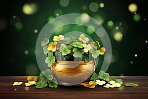 St Patrick's day illustration, clover leafs rotating on the green background. Gold and 4 leaves clower in a pot