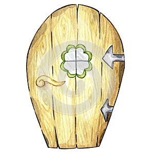 St Patrick's day illustration of wooden door with window. Fairytale wood door of gnome's house. Wood texture