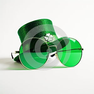 St. Patrick's Day leprechaun hat and green sunglasses isolated on white background