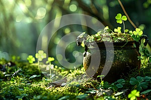 St.Patrick \'s Day. A leprechaun pot of gold and clover stands in the forest under a tree.