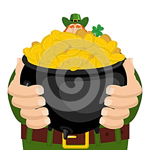 St. Patrick`s Day. Leprechaun and pot of gold. Magic dwarf and b