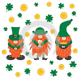 St. Patrick s Day leprechaun. Set with 3 cute funny garden irish gnome with clover, beer and pot with gold. Shamrock for