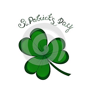 St.Patrick`s day lettering and Green Clover Shamrock. Irish hollyday background template design.