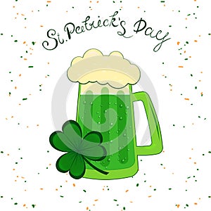 St.Patrick`s day lettering and traditional green beer. Irish hollyday template design.