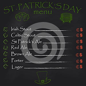 St. Patrick`s Day menu template with chalkboard background. Vector illustration.