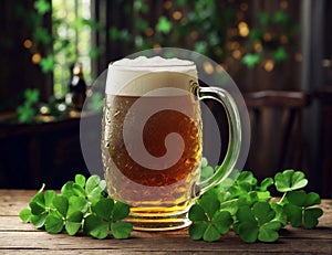 St.Patrick \'s Day. Mug of beer on a wooden table in a rustic style and a four-leaf clover