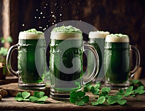 St.Patrick \'s Day. Mugs of beer on a wooden table in a rustic style and a four-leaf clover.