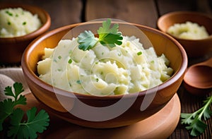 national Irish cuisine, traditional Irish dish, Colcannon, mashed potatoes with cabbage, garnished with parsle