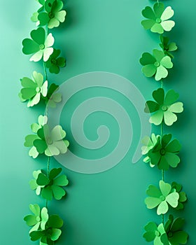St Patrick\'s Day Paper Clover Garlands on Green Background, Festive Irish Holiday Decorations Concept