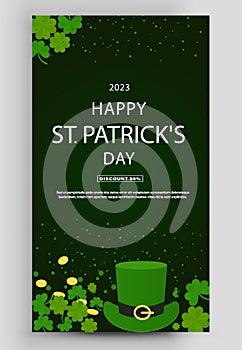St. Patrick's Day party poster. Clover leaves with coins on green background for greeting holiday design.