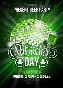 St. Patrick`s Day party poster with disco ball.