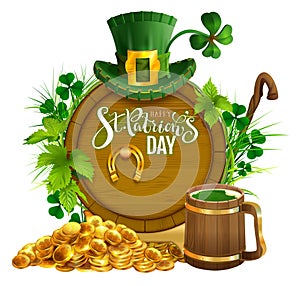 St. Patrick`s day party text greeting card. Gold coins, wooden barrel and mug beer, gold horseshoe, hat and leaves clover