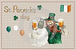 St. Patrick`s day postcard with hand drawn watercolor cartoon leprechaun with a beer in an embrace with a sheep