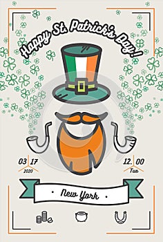 St Patrick`s day poster. Flat vector green orange poster Happy Saint Patricks day parade New York. Illustration hipster