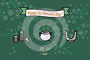 St Patrick`s day poster. Flat vector green orange poster Happy Saint Patricks day parade. Illustration clover hipster