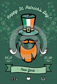 St Patrick`s day poster. Flat vector green orange poster Happy Saint Patricks day parade New York. Illustration hipster