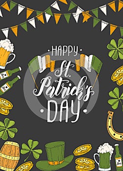 St Patrick`s day poster with Hand drawn  St. Patrick`s hat, horseshoe, beer, barrel, irish flag, four-leaf clover and gold coins