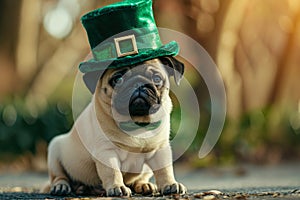 St.Patrick \'s Day. Pug dog sitting in a green leprechaun hat.