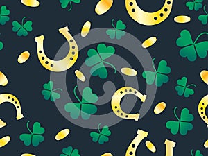 St. Patrick`s Day seamless pattern. Background with clover leaves, gold coins and horseshoes. Symbols of the party. Vector