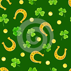 St. Patrick's day seamless pattern with shamrock, gold coins and horseshoes. Vector illustration.