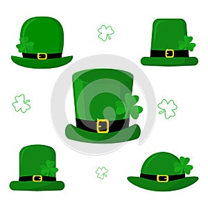 St.Patrick s Day. Set of five different green caps leprechaun with clover. Cartoon style, flat design. Vector