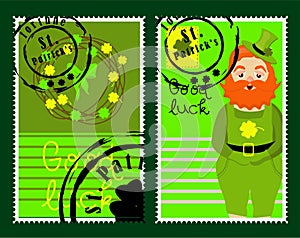 St Patrick`s Day stamps. Postage stamps for letters. Patrick`s stickers. Good luck. Hand drawn vector lettering with green hat a