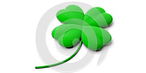 St Patrick`s Day symbol. Green four leaf clover isolated on white background. 3d illustration