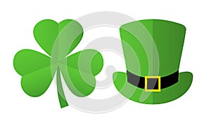 St Patrick`s day symbols, clover and leprechaun hat