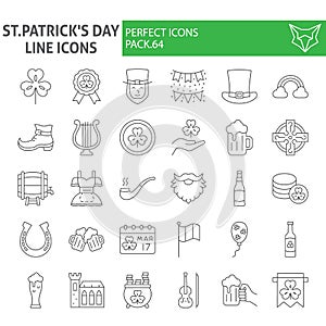 St. Patrick`s Day thin line icon set, holiday symbols collection, vector sketches, logo illustrations, saint patrick