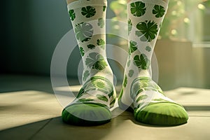St. Patrick\'s day toe socks, close-up. Generative AI.