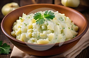 traditional Irish dish, national Irish cuisine, Colcannon, mashed potatoes with cabbage, garnished with parsle