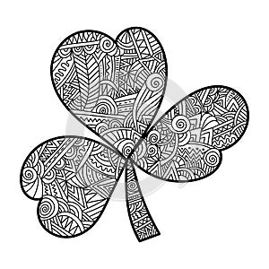 St Patrick`s Day Trefoil, Irish Holiday Symbols in anti-stress coloring page with ornate zen patterns