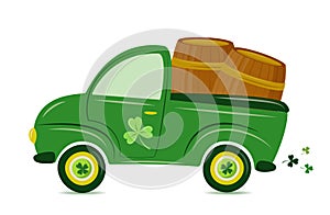 St. Patrick`s Day Truck. Vector retro cartoon pick-up truck with shamrock  and beer barrels for Happy Saint Patrick`s Day Irish