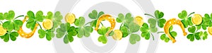 St. Patrick`s day vector horizontal seamless background with shamrock, coins and horseshoes.