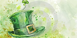 St Patrick's Day watercolor banner with green top hat with gold buckle on green background with splashes.