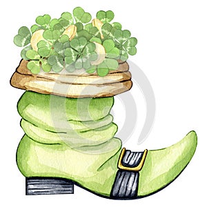 St Patrick's day watercolor leprechaun's green boot with clovers and gold coins. Irish holiday hand drawn