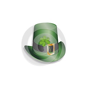 St.Patrick`s green hat with Irish shamrock leaves. 3d mesh vector clover leaves, Isolated on white background, Irish symbol Good