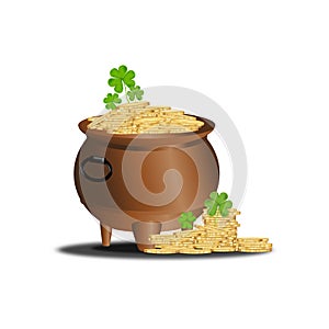 St.Patrick`s Pot with gold coin with Irish shamrock leaves. 3d mesh vector clover leaves, Isolated on white background, Irish