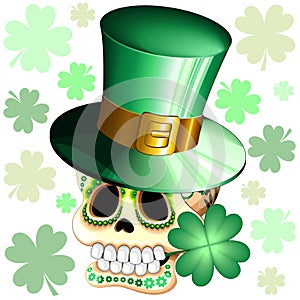 St Patrick Skull Cartoon with Lucky Shamrock Vector Illustration