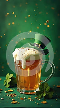 St Patrick's Day glass of beer with green leprechaun hat and shamrocks