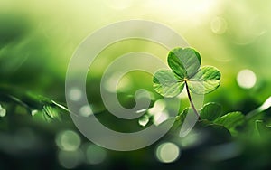 St Patricks Day Background. Big three leaf clover close up, luck winning ticket. Green grass, blur, bokeh, de focus, morning light
