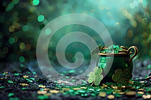 St Patricks Day banner with leprechauns pot gold coins shamrocks treasure theme. Concept St,