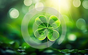 St Patricks Day Blurred Background. Big four leaf clover in the center, close up, luck winning. Green grass, bokeh, de focus,