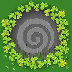 St. Patricks Day card. Wreath with clover leaves on green background for greeting holiday design. illustration.