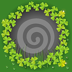 St. Patricks Day card. Wreath with clover leaves on green background for greeting holiday design. Vector illustration.