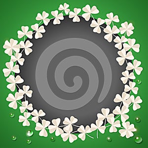 St. Patricks Day card. Wreath with white clover leaves on green background for greeting holiday design. Vector