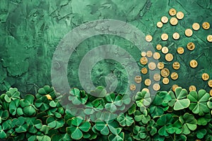 St Patricks Day celebration concept with shiny gold coins, lucky clovers, vibrant green background