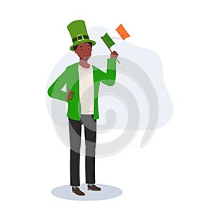 St Patricks Day Celebration. Jovial Man with Irish Flag in Green Outfit