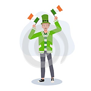 St Patricks Day Celebration. Jovial Man with Irish Flag in Green Outfit